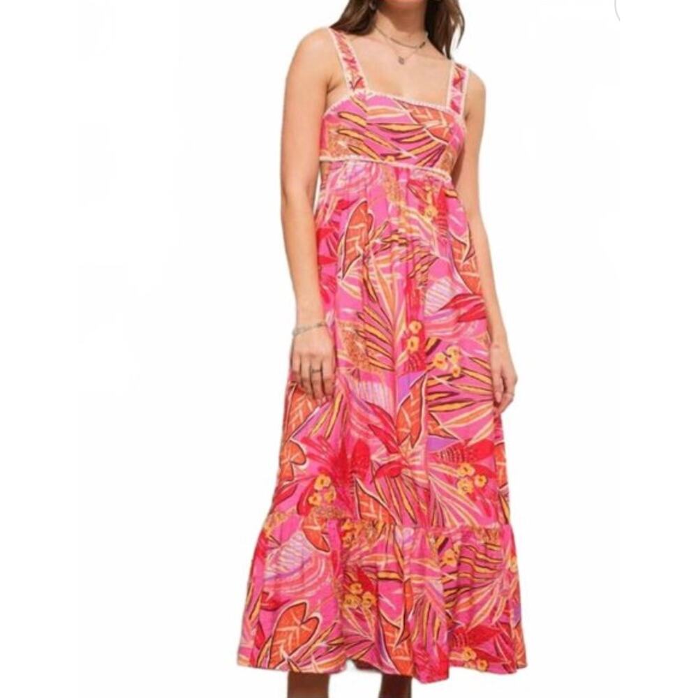 Blue B Womens L Multicolor Tropical Embroidered Open Back Summer Maxi Dress NEW